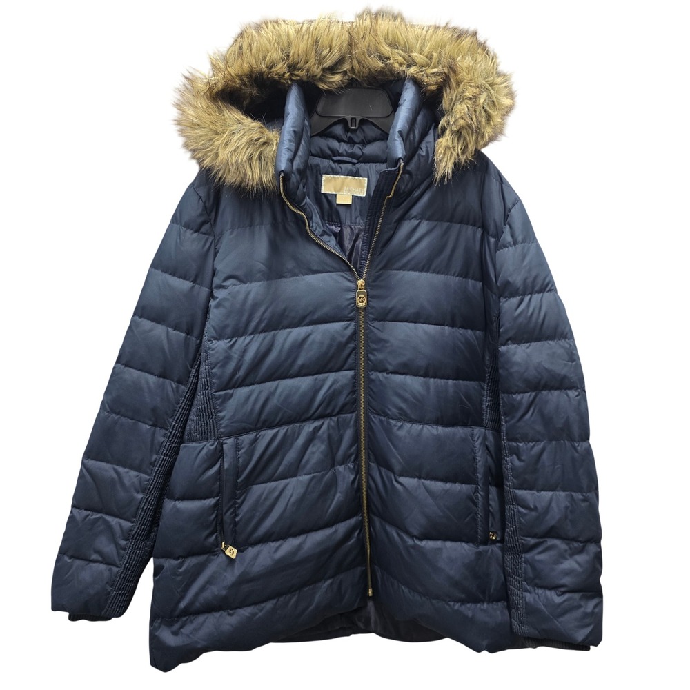 Michael Michael Kors Navy Blue Down Puffer Jacket Faux Fur Hood Womens 1X